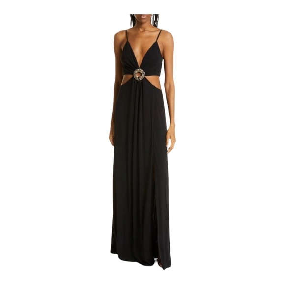 Ramy Brook Rivana Beaded Buckle Cutout Waist Maxi Dress Gown in Black - Picture 2 of 9